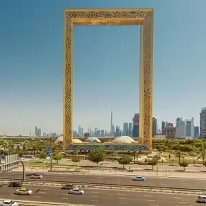 Golden frame with city skyline backdrop