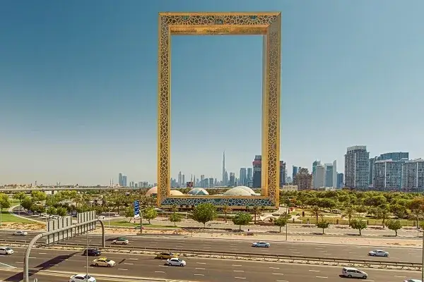 Golden frame with city skyline backdrop